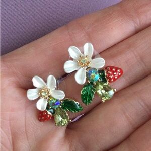 Strawberry Earrings with White Flowers and Green Crystals